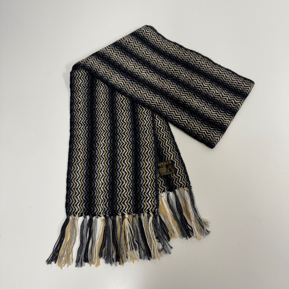 Vintage Alpaca Wool Striped Chevron Scarf Fringe Neutral Black Grey Yellow